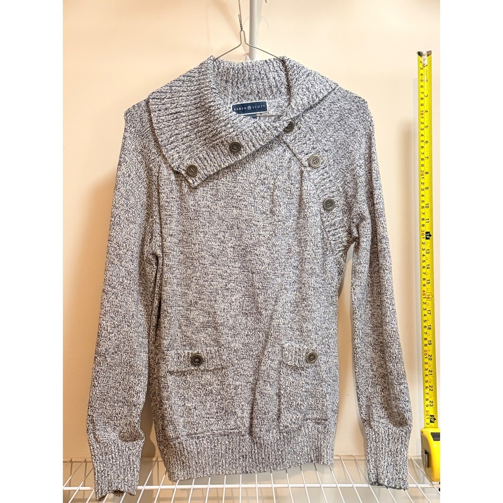 Karen Scott Gray Button Accented Envelop Cowl Neck Cardigan Sweater Sz S